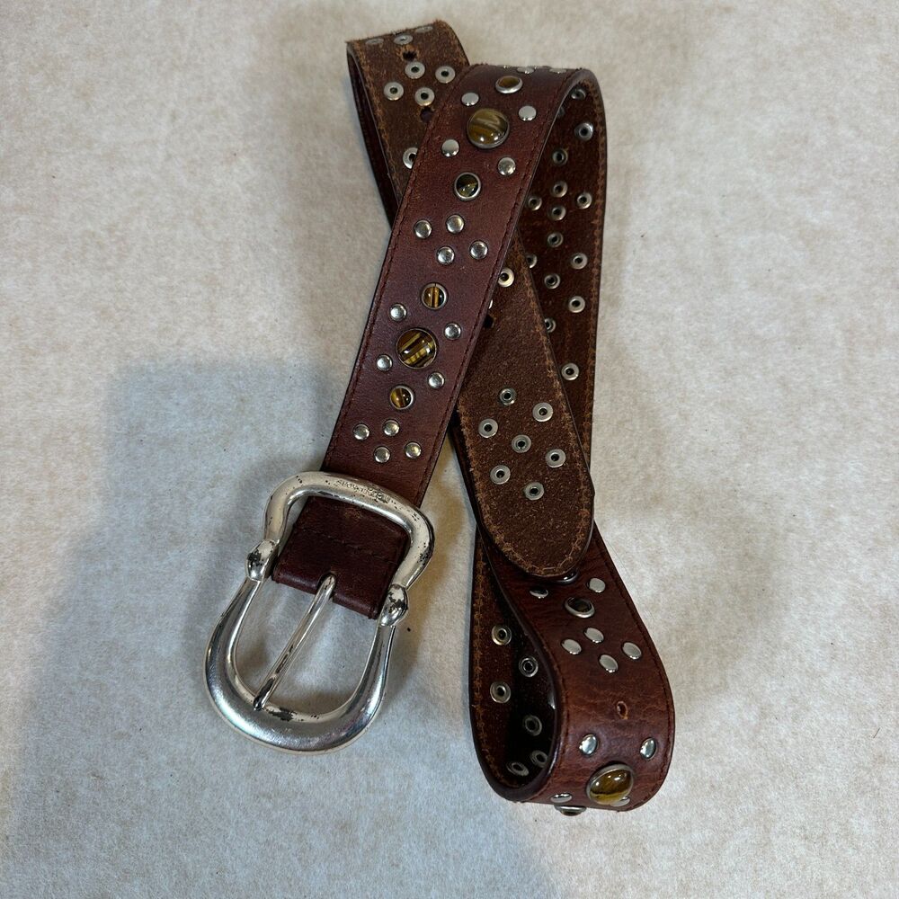 Michael Kors Boho Western Brown Leather Studded Belt Stone Cabochons Silver